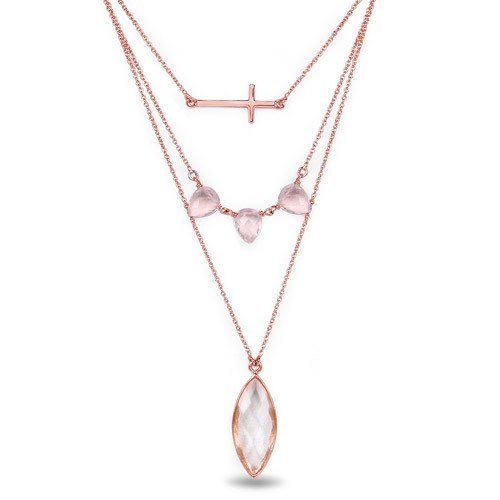 14K Rose Gold 10.62CT Genuine Crystal Quartz and Rose Quartz Necklace