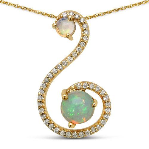 14K Yellow Gold Natural Ethiopian Cabochon Round Opals with Diamonds Accented Pe...