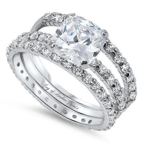 2CT Cushion Cut Russian Lab Diamond Bridal Set Wedding Band Ring