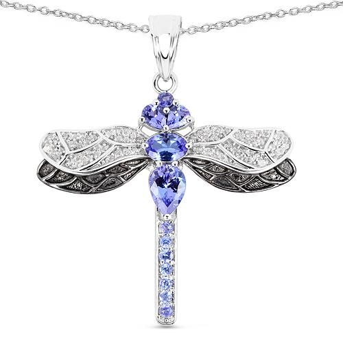 2TCW Natural Tanzanite and White Topaz Dragonfly Pendant Necklace