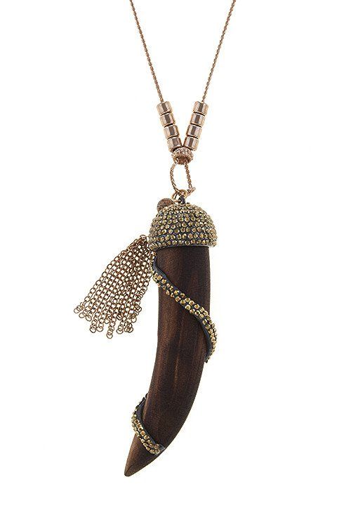 Brass Carved wooden Tusk Pendant Necklace Set