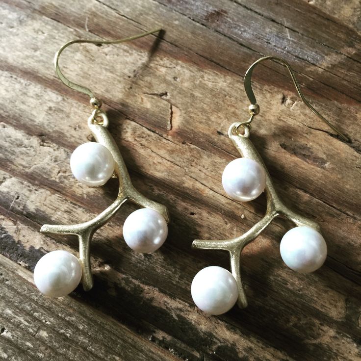 Celebrity Inspired Gold Antler Branch Pearl Drop Earrings