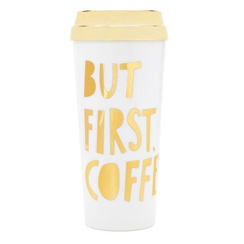 Yup carry coffee with style! Gold statement tumbler that says But First Coffee (...