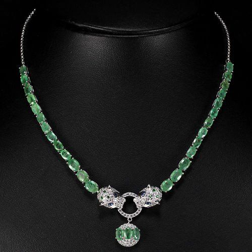 Natural Oval Cut Green Emerald & Blue Sapphire Jaguar Necklace