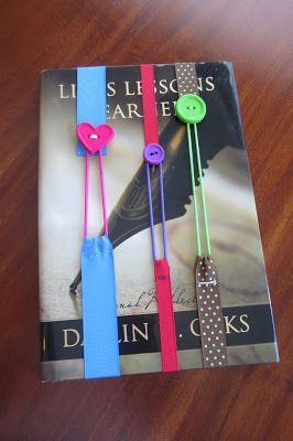 Bookmark made from ribbon, button, and hair rubberband. Simple hand stitching pr...