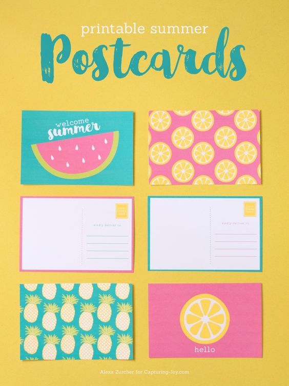 free summer postcards printable with bright and colorful watermelon, pineapple, ...