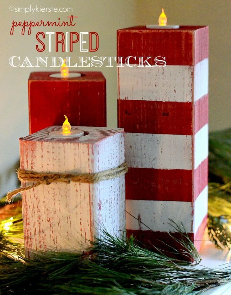 These darling peppermint striped candlesticks are made from 4 x4 posts, painted,...
