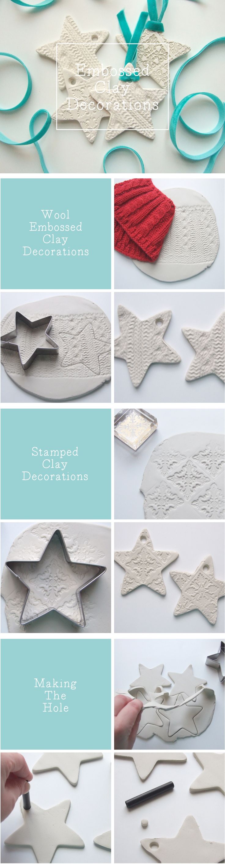 Embossed clay star christmas decorations made using air dry clay. Polymer clay c...