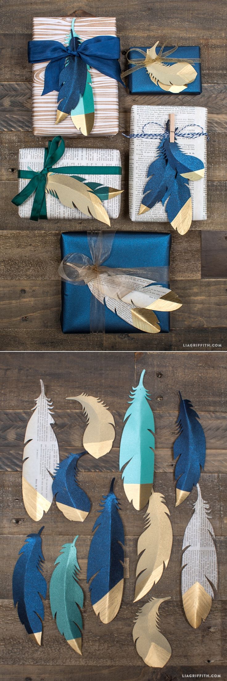 #paperfeathers #goldfeathers #giftwrapping www.LiaGriffith.com