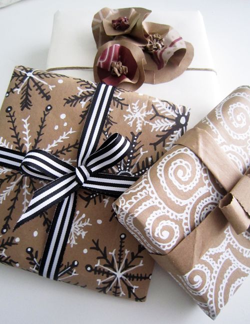 wrapping paper from brown paper, sharpies and whiteout.