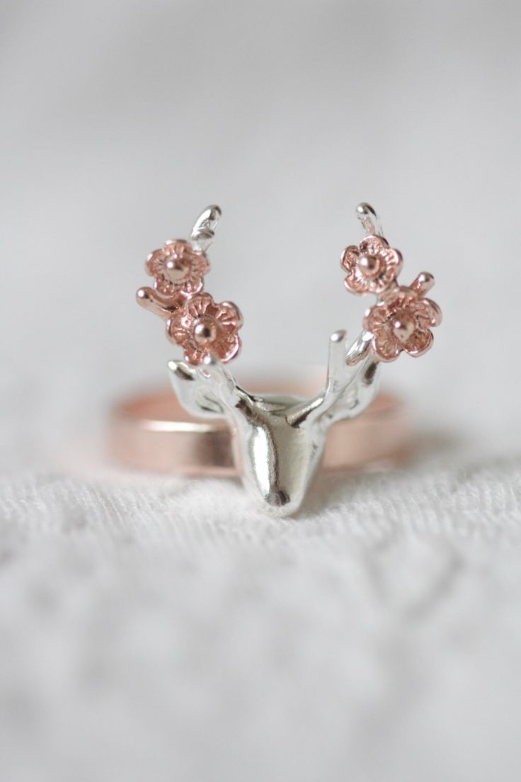 Sterling silver deer with flower ring, rose gold deer ring, silver ring, deer ri...