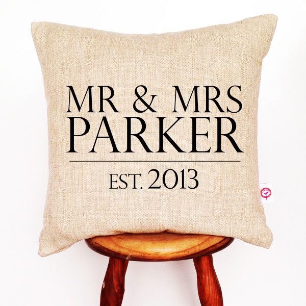 Mr and Mrs surname personalised linen cushion cover