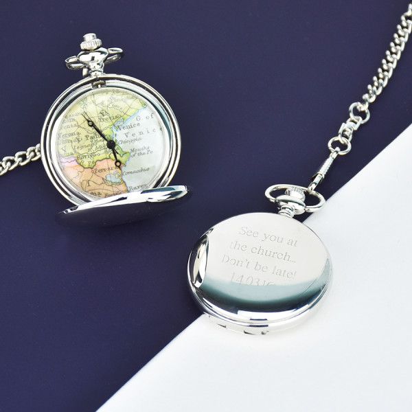 Personalised map pocket watch in silver