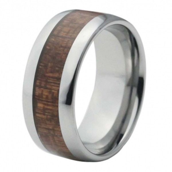 Silver domed tungsten ring with wood inlay