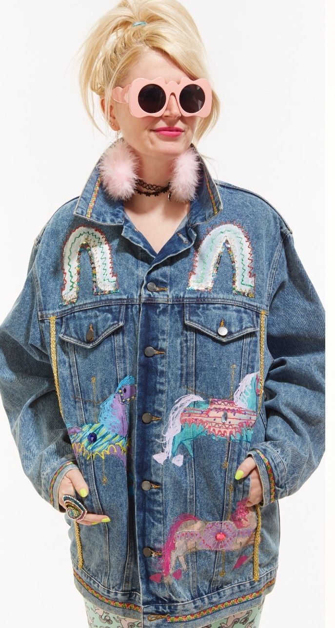 Handpainted carousel horses jean jacket. Found on eBay.