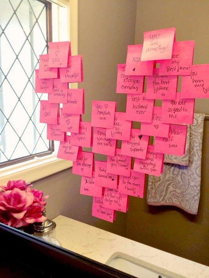 Heart notes on a mirror! Click through for 35 amazing, over-the-top Valentine&#3...
