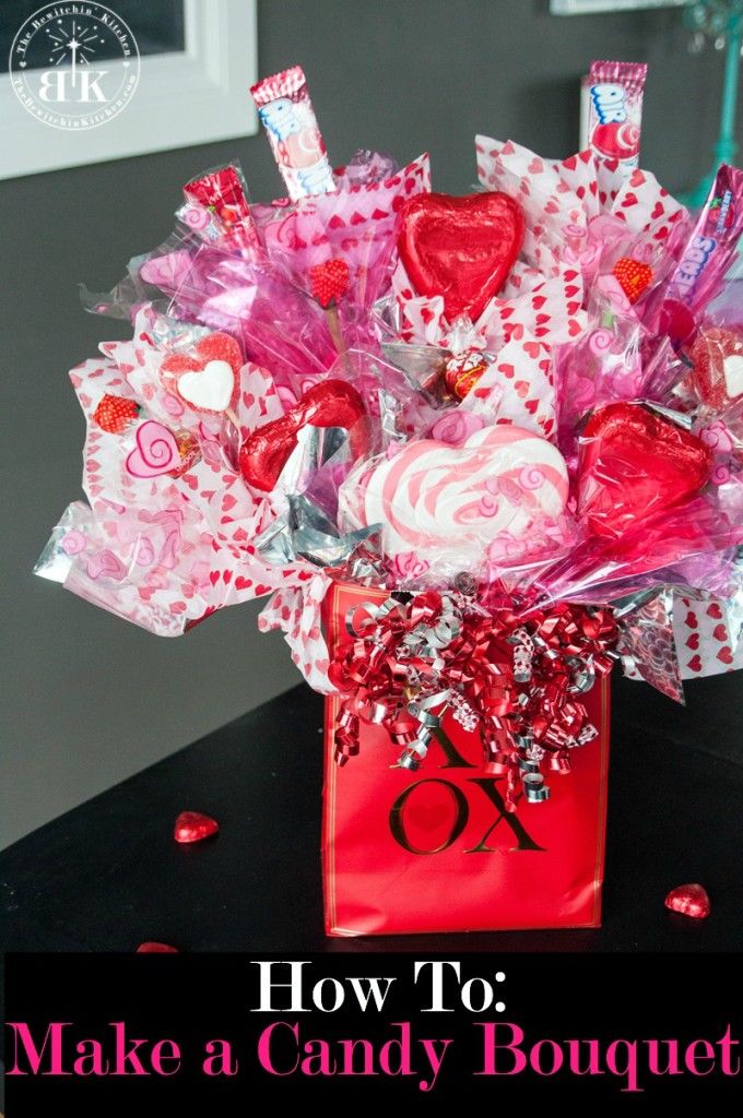 How to create a candy bouquet arrangement. This DIY gift is great for Valentine&...