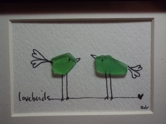 Lovebirds - is an original design featuring two sea glass birds with hand letter...