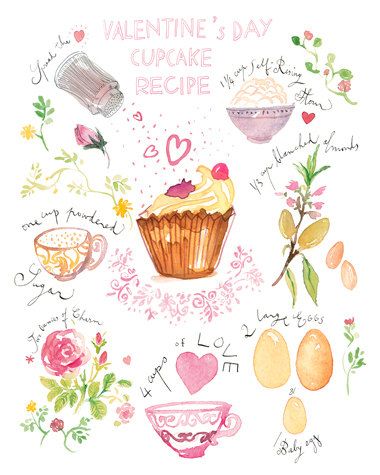 Recette des cupcakes de la Saint Valentin - Aquarelle - Illustration cuisine