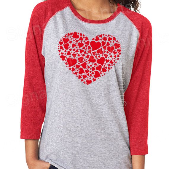Valentines Day Gift shirt womens t-shirt Red Heart Vintage baseball raglan 3/4 s...