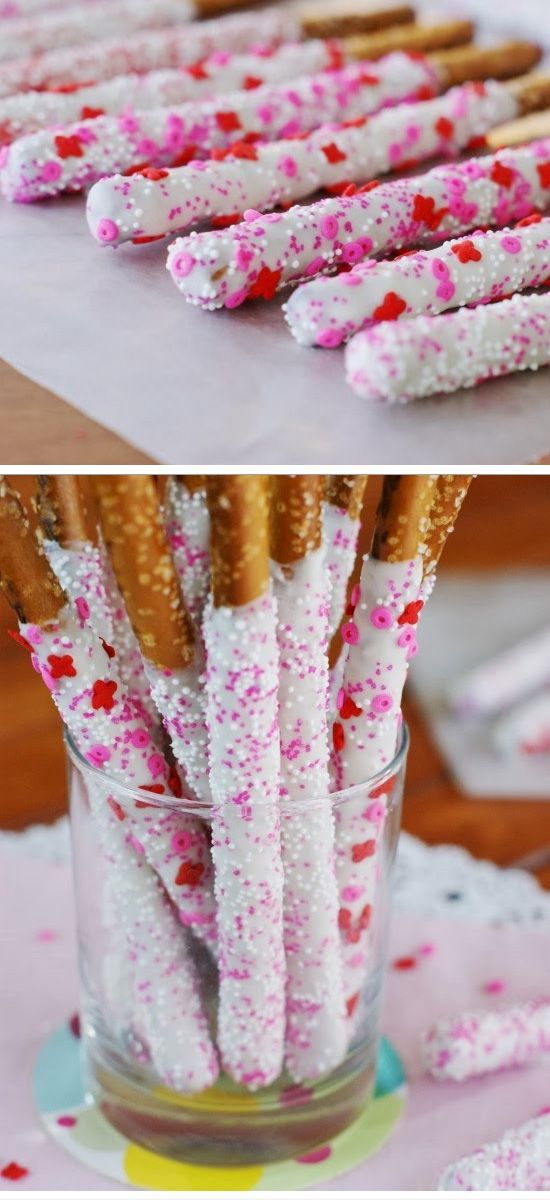 Valentines White Chocolate-Dipped Pretzel Rods | Click Pic for 26 DIY Valentines...