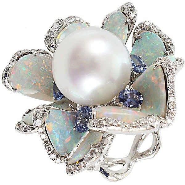 Arunashi Pearl Opal Sapphire Diamond Flower Ring ($55,800) ❤ liked on Polyvore