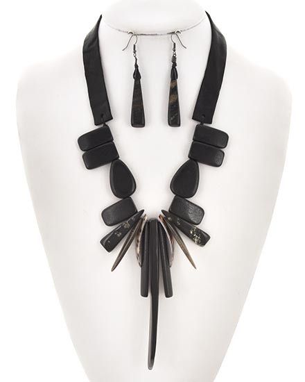 Hematite Shell Black Wood & Leather Earrings Set