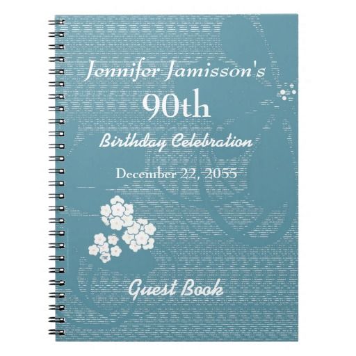90th Birthday Party Guest Book Blue, White Floral Notebook