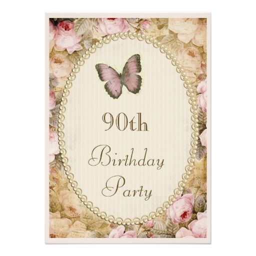90th Birthday Vintage Roses Butterfly, Music Notes Announcement