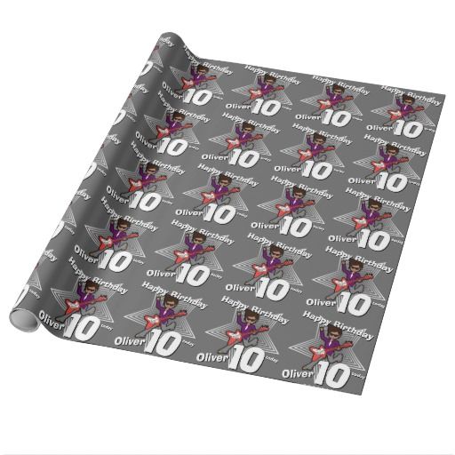 Boys grey name 10th birthday rockstar wrap wrapping paper