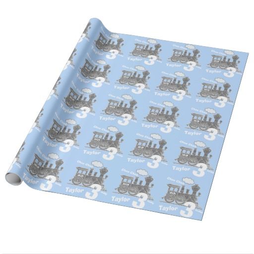 Boys name age train loco blue grey birthday gift wrapping paper