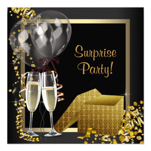 Champagne Confetti Black Gold Surprise Party Personalized Invites