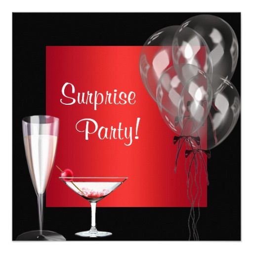 Cocktail Balloons Red Surprise Birthday Party Announcements