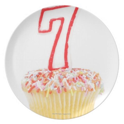 Cupcake with a numbered birthday candle 7 plate