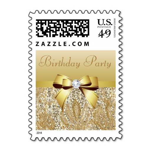 Gold Sequins, Bow & Diamond Birthday Party Stamps