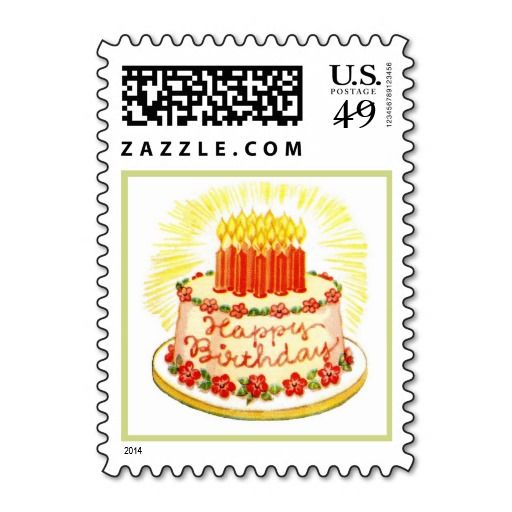 Vintage Happy Birthday cake postage stamp