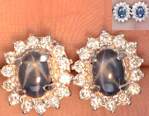 Natural 3.60TCW Oval Cabochon 6 Ray Star Blue Sapphire Earrings