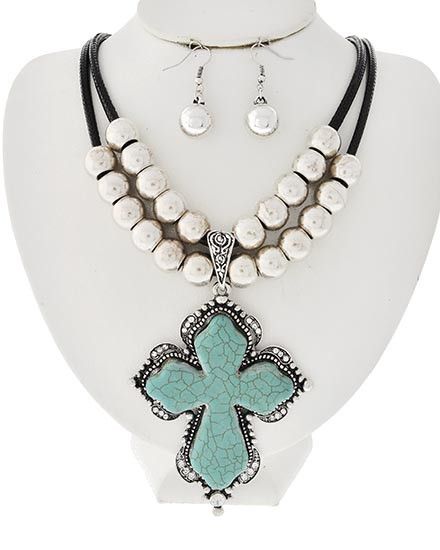 Burnished Silver & Turquoise Stone Cross Pendant Earrings & Necklace Set