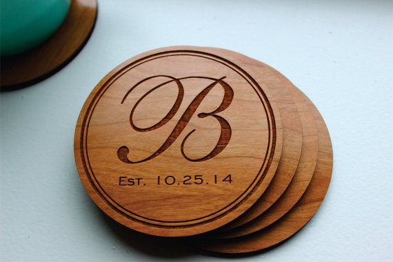 Personalized Monogram Wood Coaster Set Of 4 Custom Engraved Wood Coaster, Family...