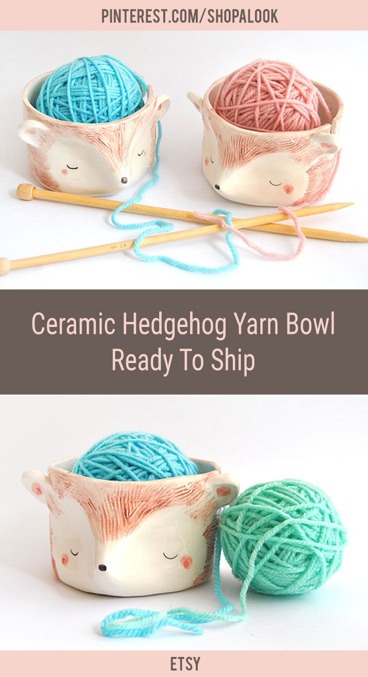 Ceramic Hedgehog Yarn Bowl, Knitting Bowl, Wool Bowl in White Clay and Decorated...
