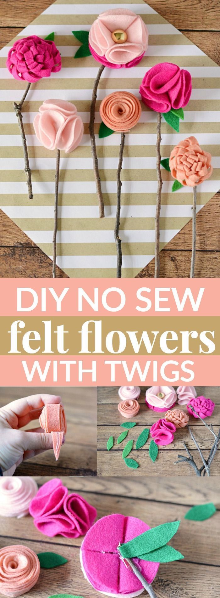These DIY NO SEW FELT FLOWERS WITH TWIGS are the perfect homemade Mother’s Day...