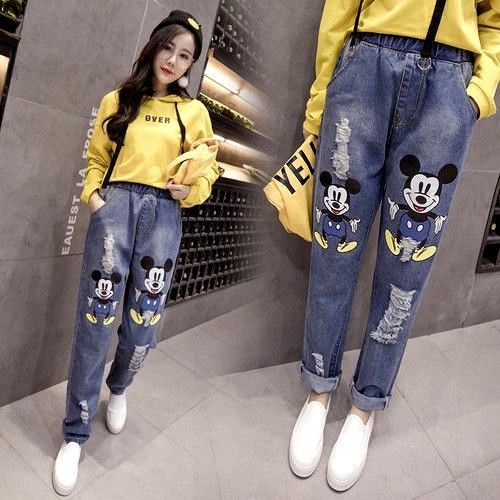 Women Denim Disney Mickey Mouse Pants 2018 Vintage 90s Holes Ripped Jeans High W...
