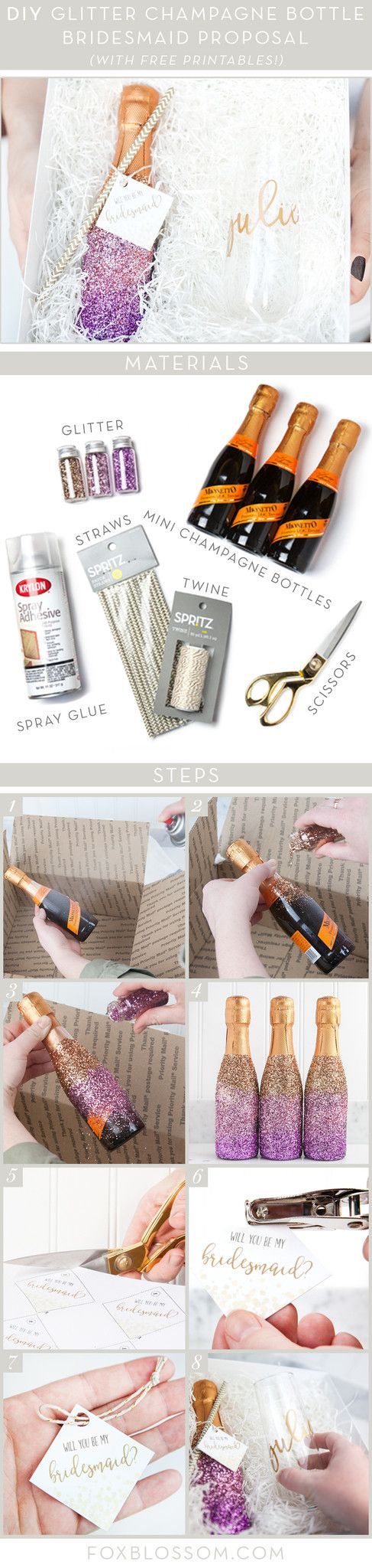 Alright ladies, it's time to get crafty! These DIY glitter champagne bottles...