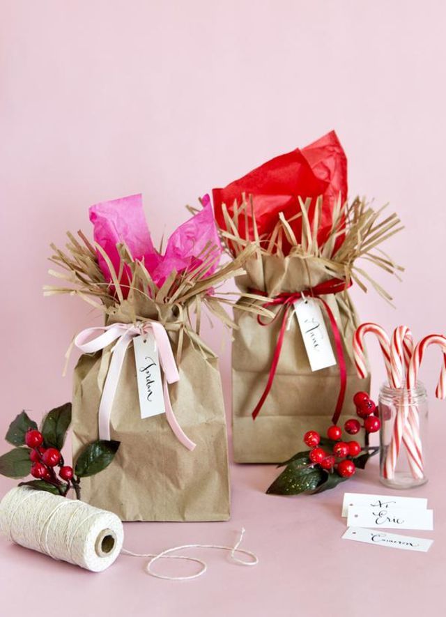 A simple brown paper bag can become amazing with a pop of color and some fringe.