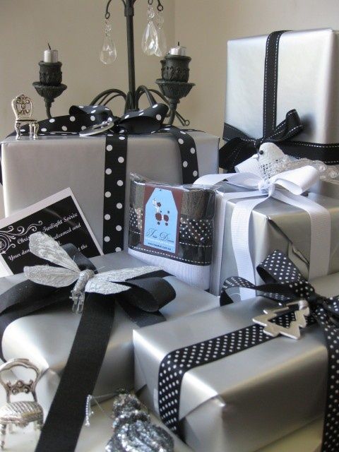 Take silver wrapping, add black and white bows for instant glam!
