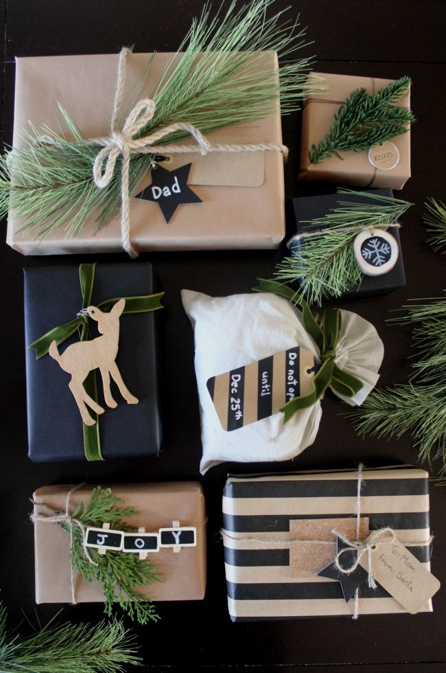 The perfect rustic gift wrapping ideas. I love the black, white and green. The g...