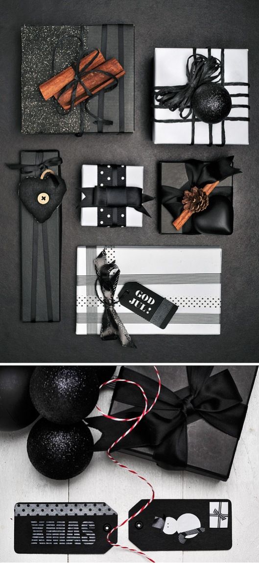 idées emballages cadeaux, black and white wrapping, packages, gifts