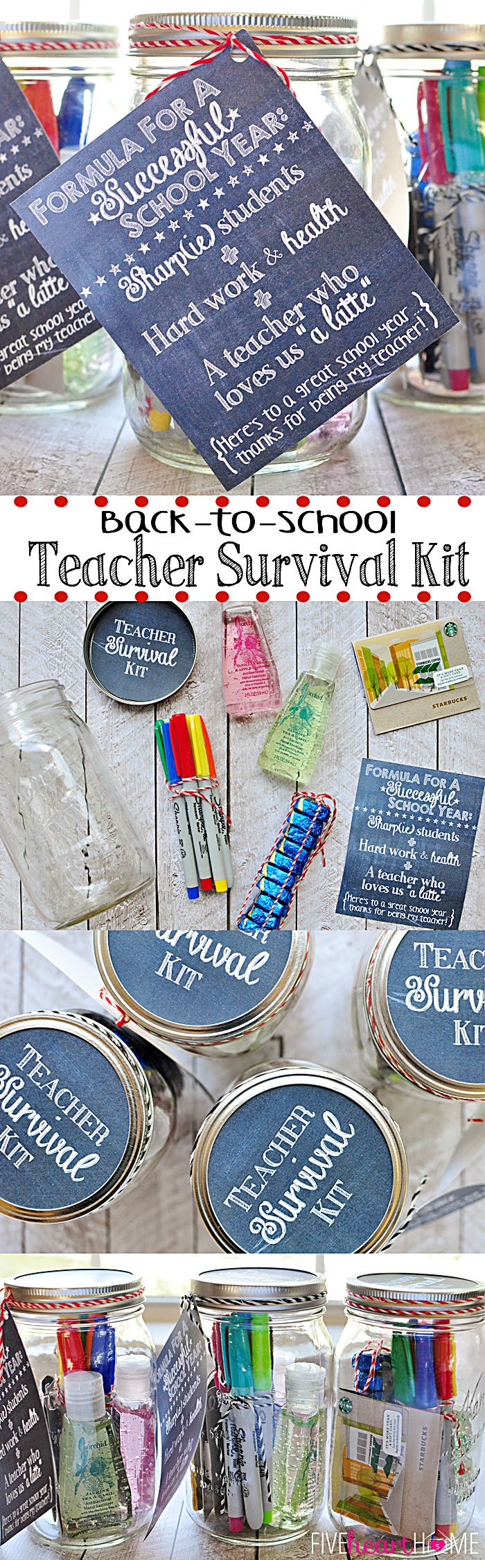 Back to School Teacher Survival Kit Free Printables ~ Mason jar teacher gift fea...
