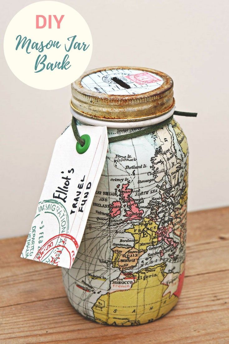World Map mason jar bank.  Easy to make Mason jar craft that would make a fantas...