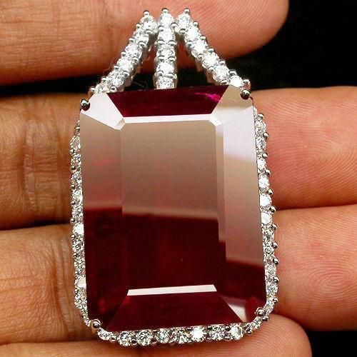 A Natural Rare 94.1CT Emerald Cut Blood Red Ruby Pendant White Sapphire Halo